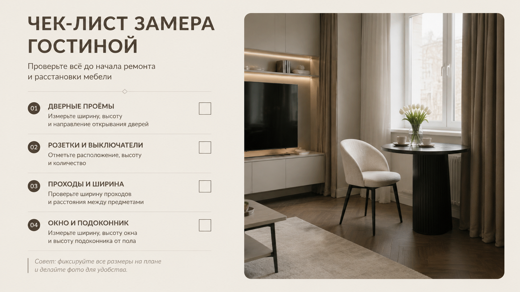 Стильный чеклист замера гостиной: что записать до покупки мебели