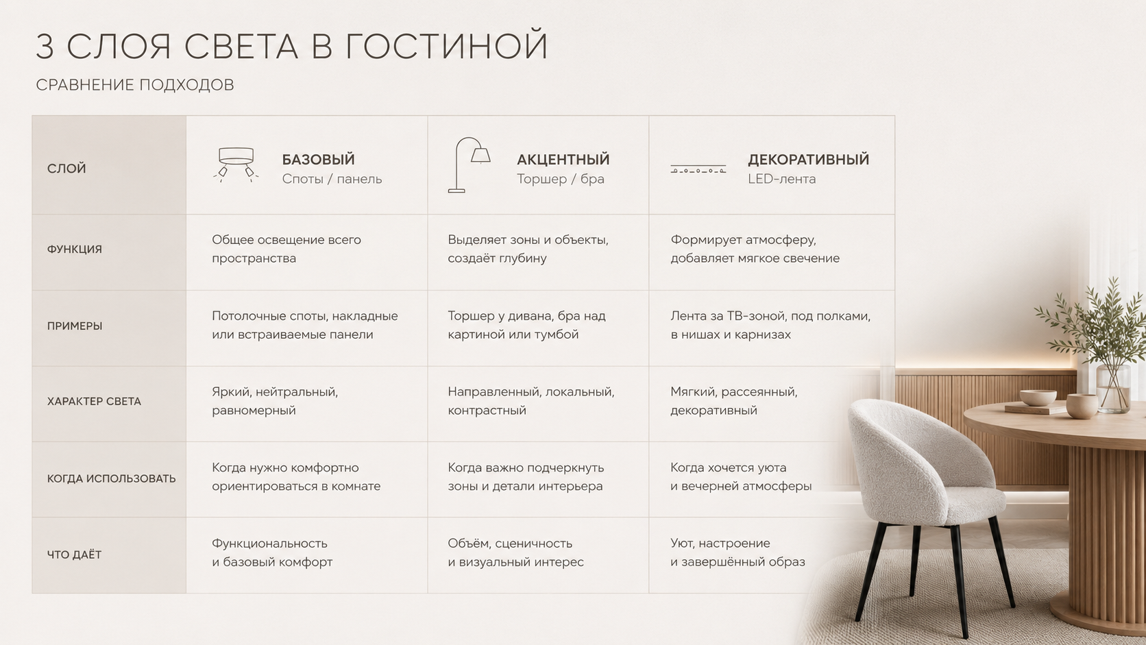Сравнительная таблица трёх слоёв света в маленькой гостиной