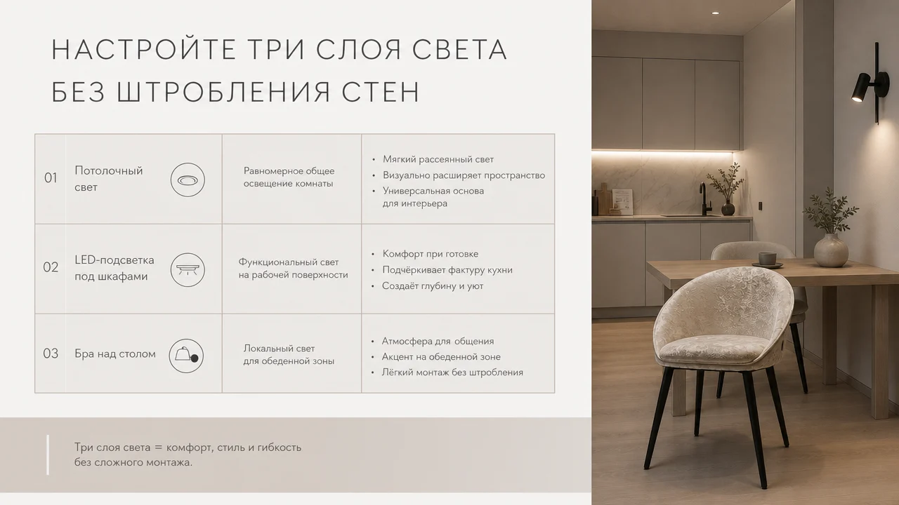 Минималистичная сравнительная таблица: Настройте три слоя света без штробления стен