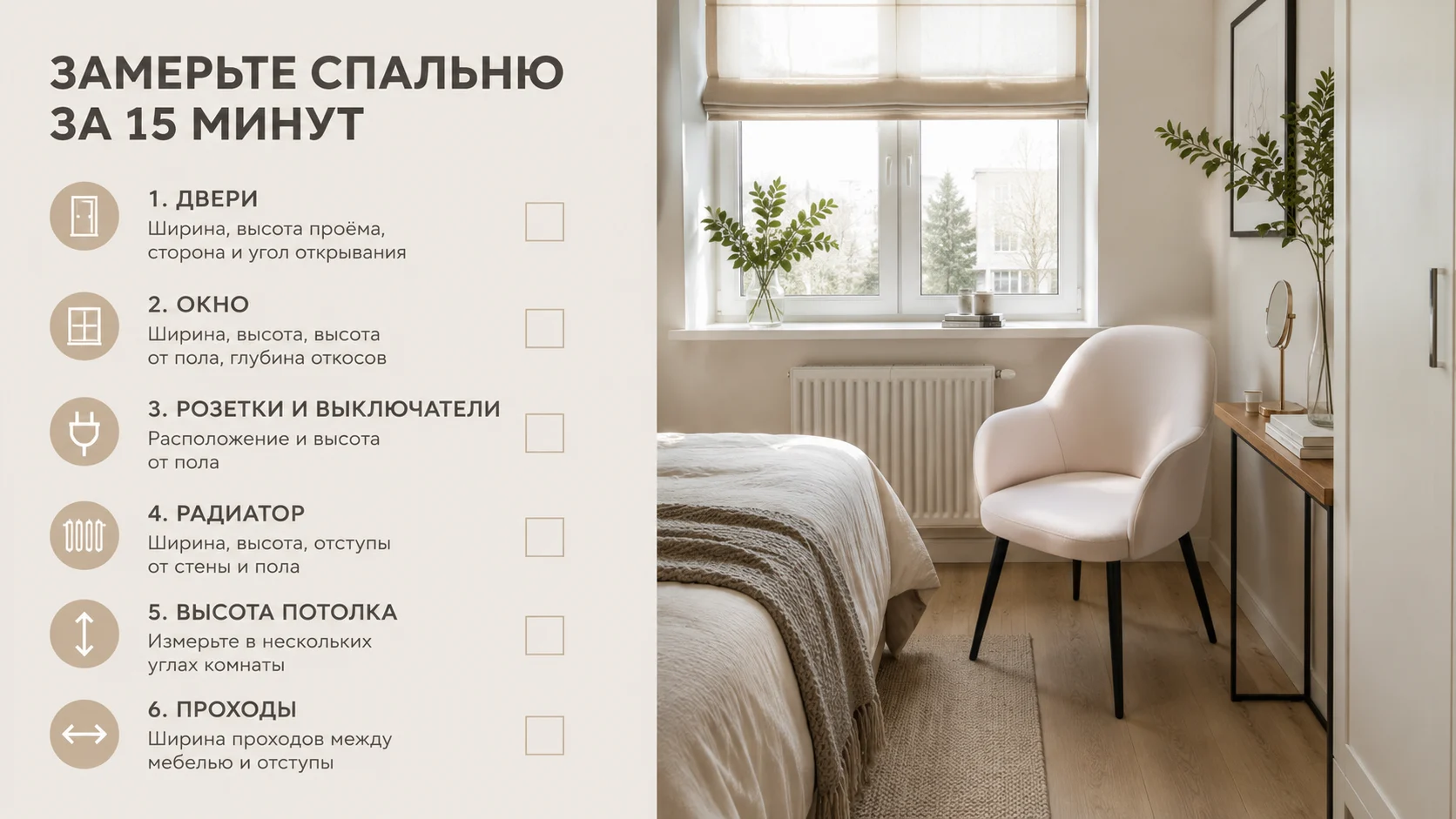 Стильный чеклист замера спальни: что записать до покупки мебели