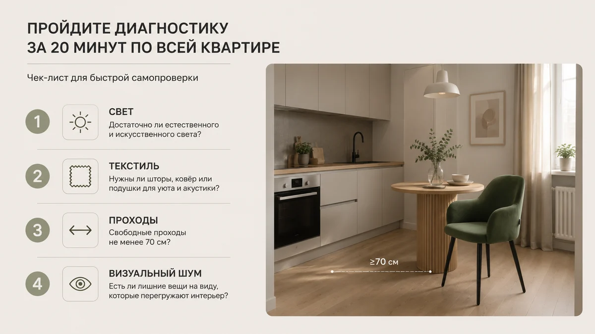 Чеклист диагностики квартиры за 20 минут: свет, текстиль, проходы, шум