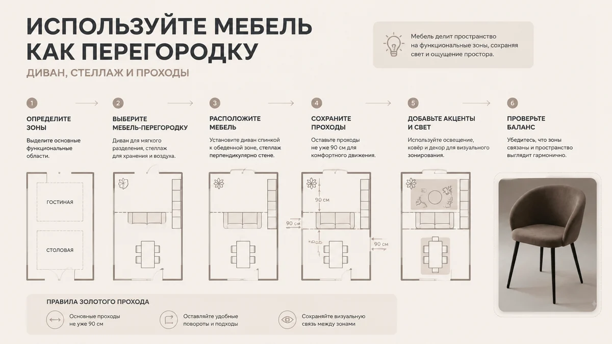 Схема шагов: Используйте мебель как перегородку: диван, стеллаж и проходы